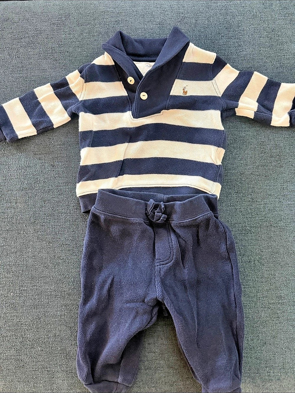 Ralph Lauren Baby Cotton Shawl-Collar Sweater & Pant Set Blue & White